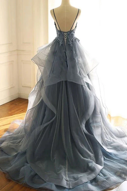 Deep V-neck Appliqued Prussian Blue Multi-Layered Organza Prom Dresse - Image 4