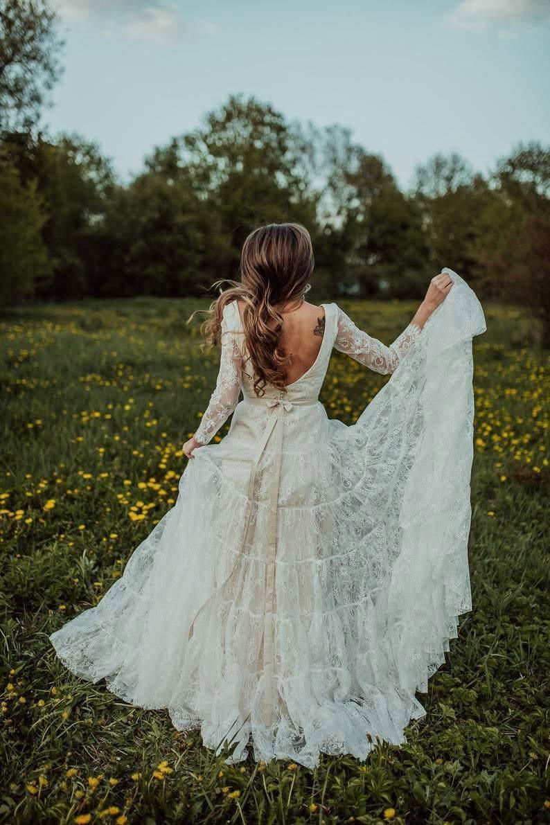 Deep V Neck Boho Wedding Dress Long Sleeve Rustic Wedding Dress WD373 - Image 5