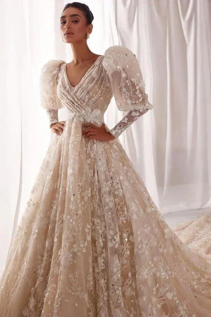 Designer A-Line Tulle Lace V-Neck Long Sleeve Wedding Dress With Appliques Ruffles - Image 2