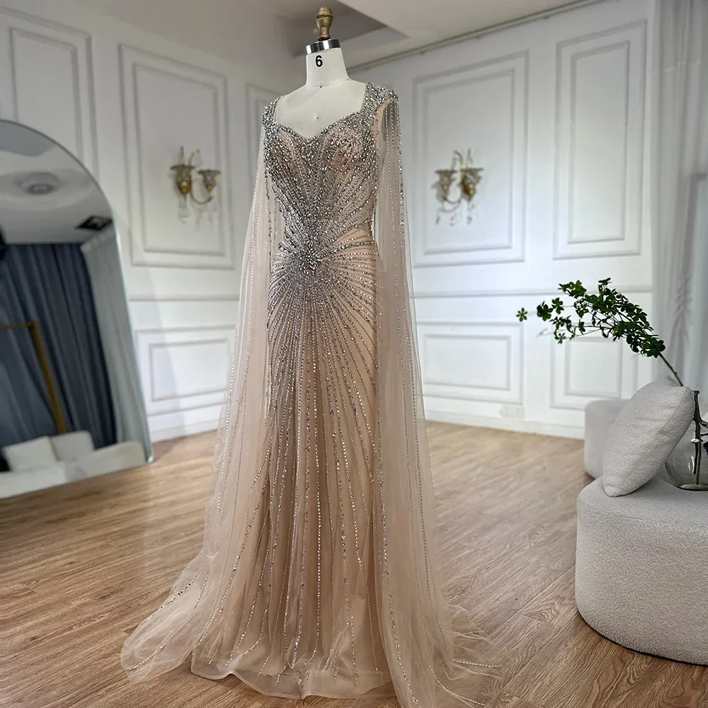Dubai Luxury Nude Cape Sleeves Beaded Evening Dress LA72575A - Image 12