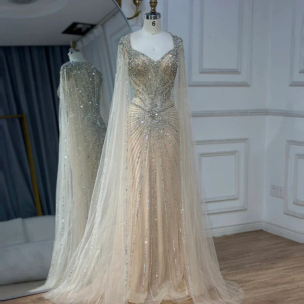 Dubai Luxury Nude Cape Sleeves Beaded Evening Dress LA72575A - Image 14