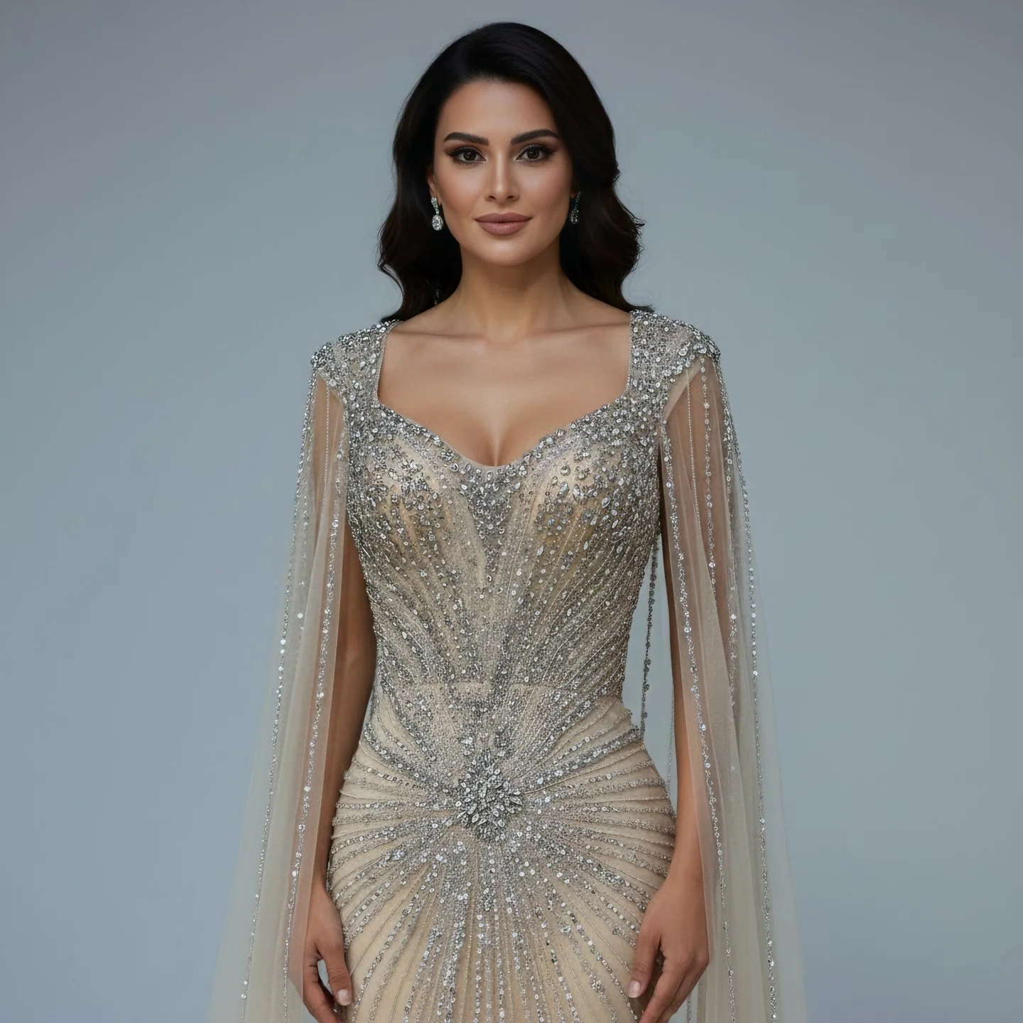 Dubai Luxury Nude Cape Sleeves Beaded Evening Dress LA72575A - Image 2