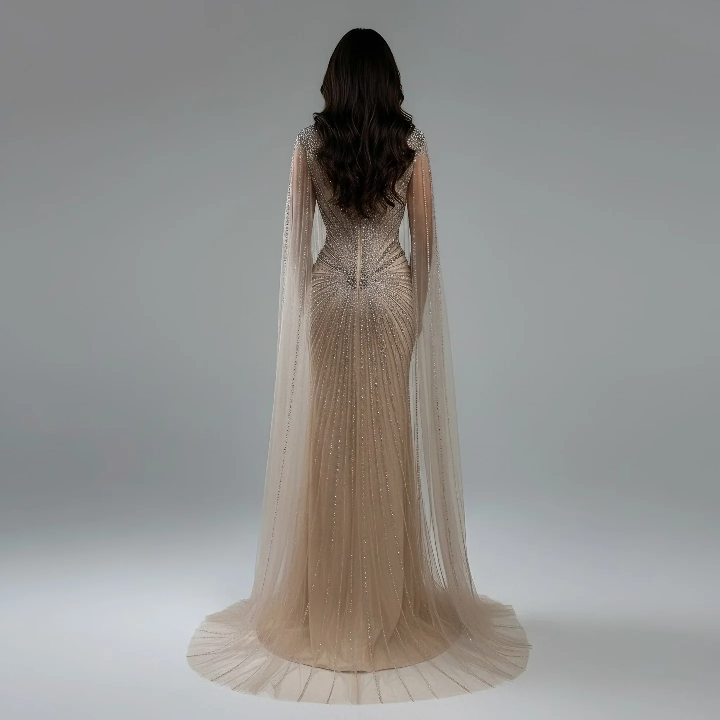 Dubai Luxury Nude Cape Sleeves Beaded Evening Dress LA72575A - Image 3