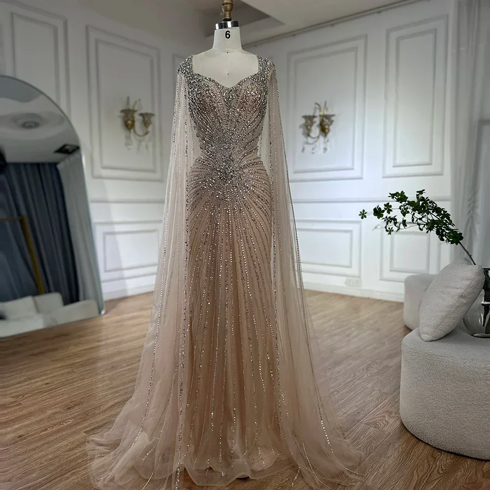 Dubai Luxury Nude Cape Sleeves Beaded Evening Dress LA72575A - Image 4