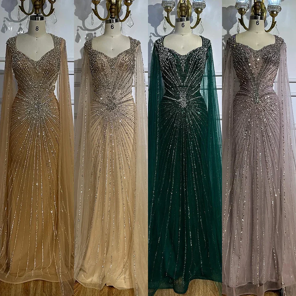 Dubai Luxury Nude Cape Sleeves Beaded Evening Dress LA72575A - Image 5