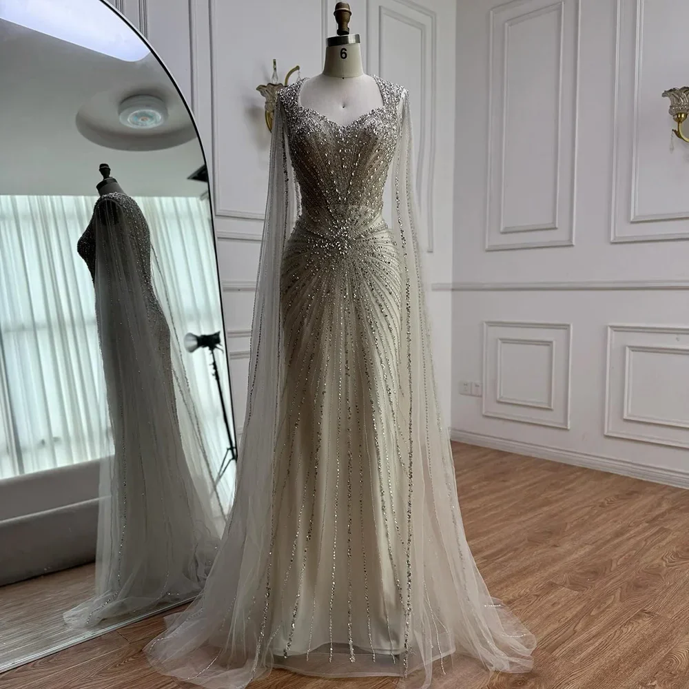 Dubai Luxury Nude Cape Sleeves Beaded Evening Dress LA72575A - Image 8