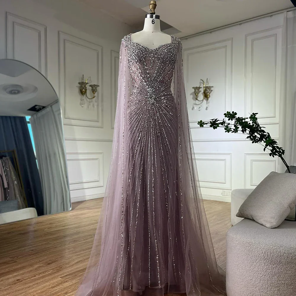 Dubai Luxury Nude Cape Sleeves Beaded Evening Dress LA72575A - Image 9