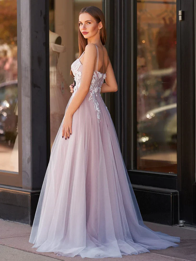 Dusty Rose White Lace AppliquƩ Spaghetti Strap Prom Dresses - Image 3