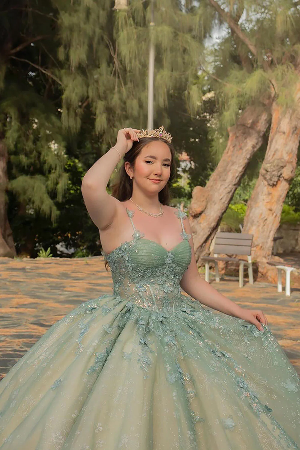 Dusty Sage Tulle Spaghetti Straps Corset Quinceanera Dress with Appliques - Image 3
