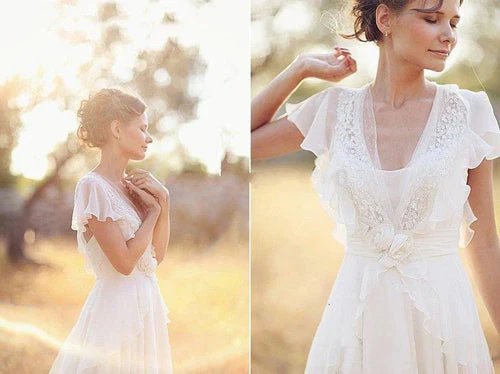 Elegant A-Line Ivory Flower Cap Sleeve V-Neck Chiffon Open Back Wedding Dresses - Image 3