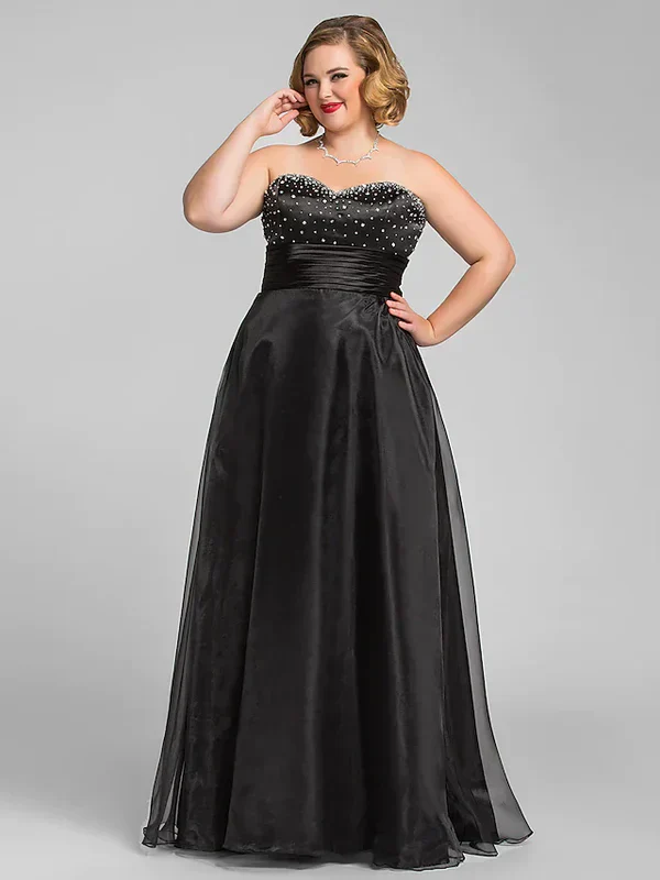 Elegant A-Line Little Black Dress Dress Prom Floor Length Sleeveless Sweetheart Organza with Ruched Beading