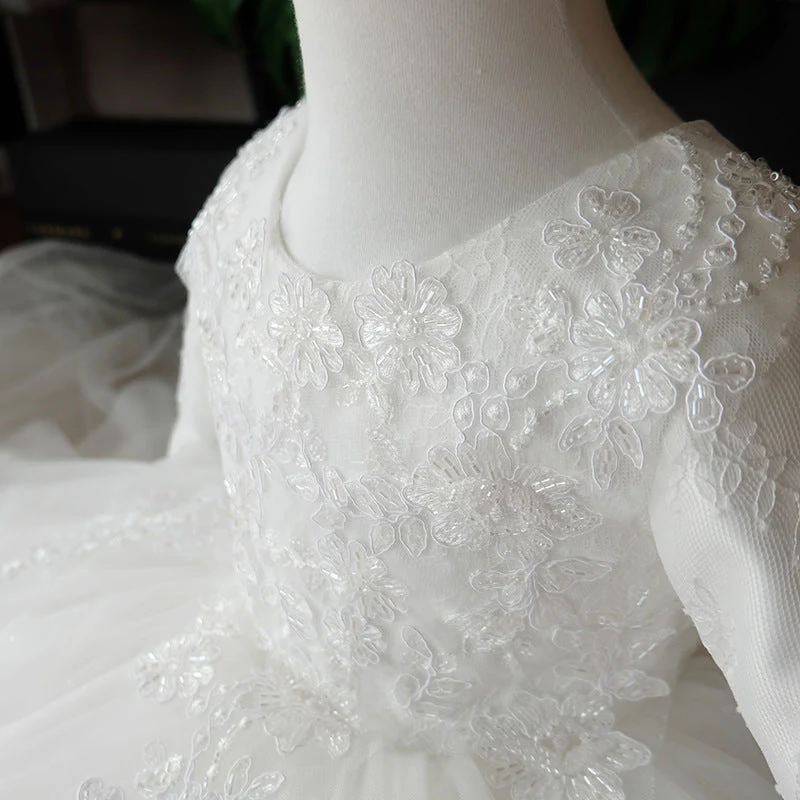 Girl First Communion Dress Childrenl White Round Neck Long Sleeve Fluffy Flower Girl Dress Baptism Dress - Image 3
