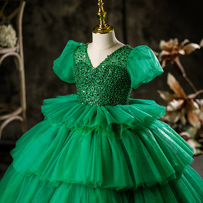 Little Girl Dress Girl Pageant Summer Elegant Green Puffy Princess Communion Dress - Image 3