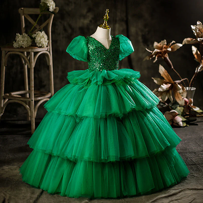 Little Girl Dress Girl Pageant Summer Elegant Green Puffy Princess Communion Dress - Image 4