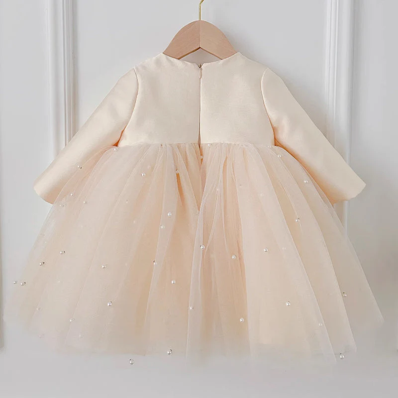 Elegant Baby Girl Long-sleeved Big Bow Pearl Tulle Dress Toddler First Communion Dress - Image 3