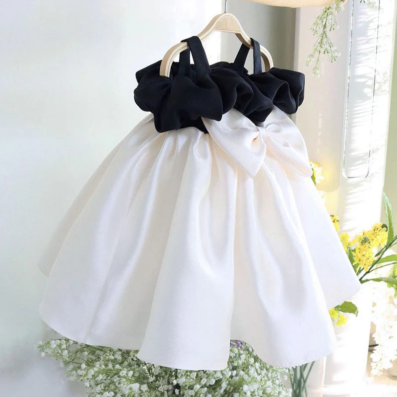 Elegant Baby Girls Black and White Contrast Color Bow Sling Princess Dress Toddler Communion Dress - Image 3