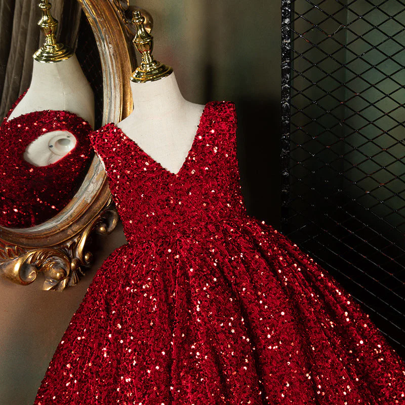 Girl Christmas Dress Luxury Red Sleeveless Trailing Sequins Fluffy Princess Communion Dress - Image 5