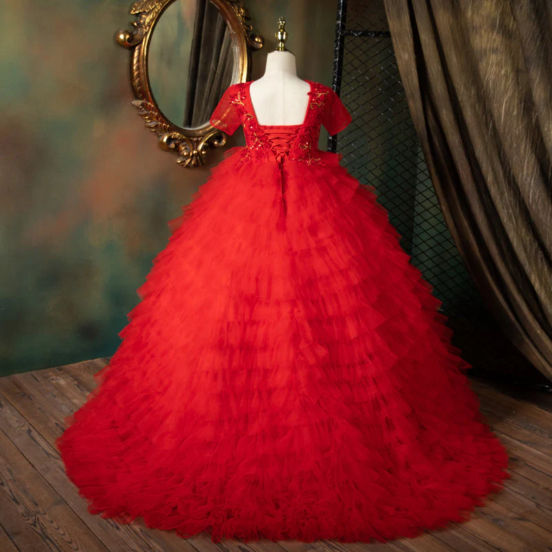 Girl Christmas Dress Toddler Communion Dress Children Red Fluffy Princess Birthday Tail Gorgeous Pageant Dress - Image 3