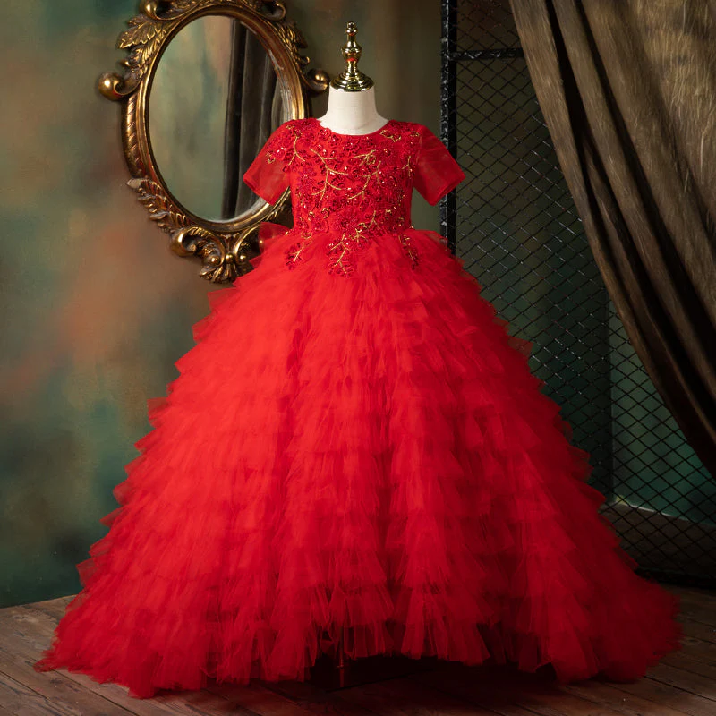 Girl Christmas Dress Toddler Communion Dress Children Red Fluffy Princess Birthday Tail Gorgeous Pageant Dress - Image 6