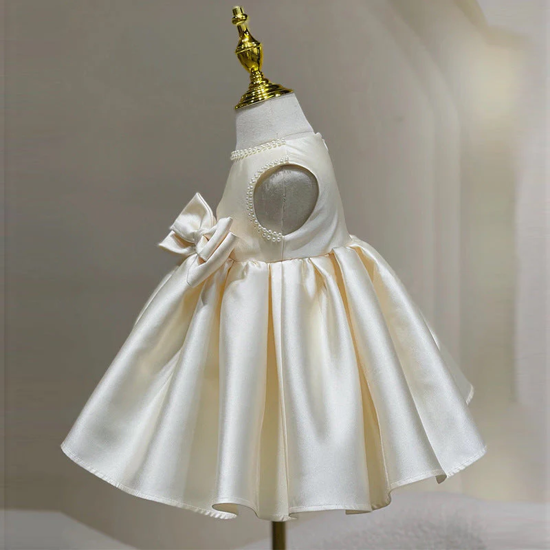 Elegant Baby Girls Sleeveless Round Neck White Bow Princess Toddler First Communion Dress - Image 2