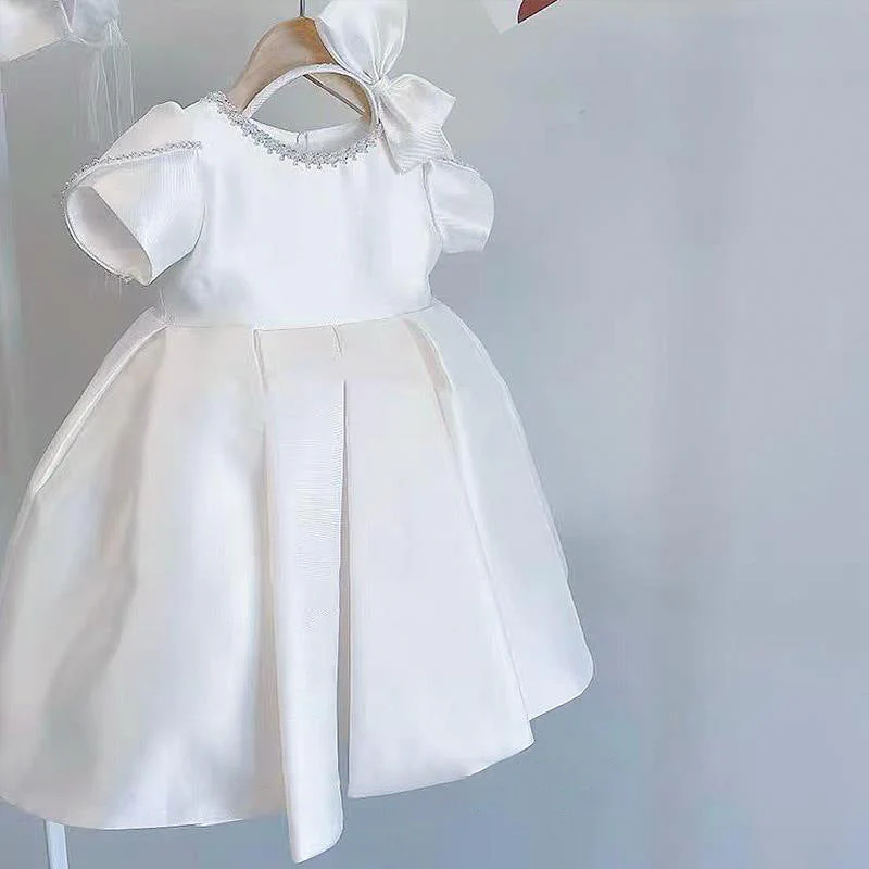 Elegant Baby Girls White Round Neck First Birthday Dress Toddler Birthday First Communion Dress - Image 3