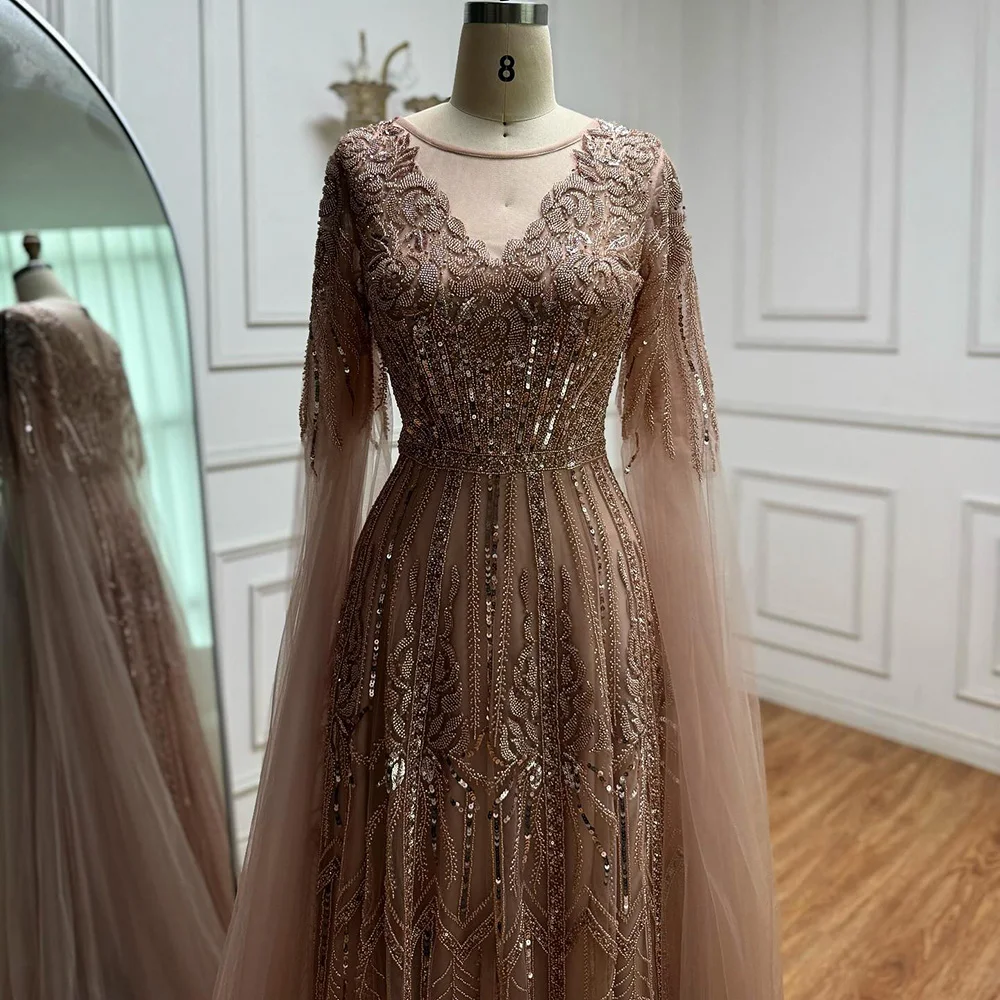 Elegant Beaded A-Line Evening Dress with Cape Sleeves LA73056 - Image 10
