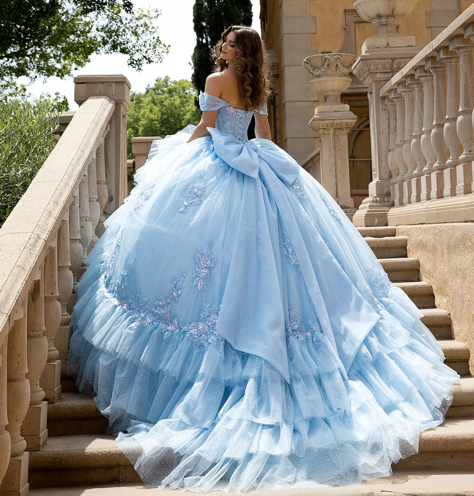 Elegant Blue Off Shoulder Glitter Tulle Ball Gown with Sequin Corset and Cathedral Train - Image 3