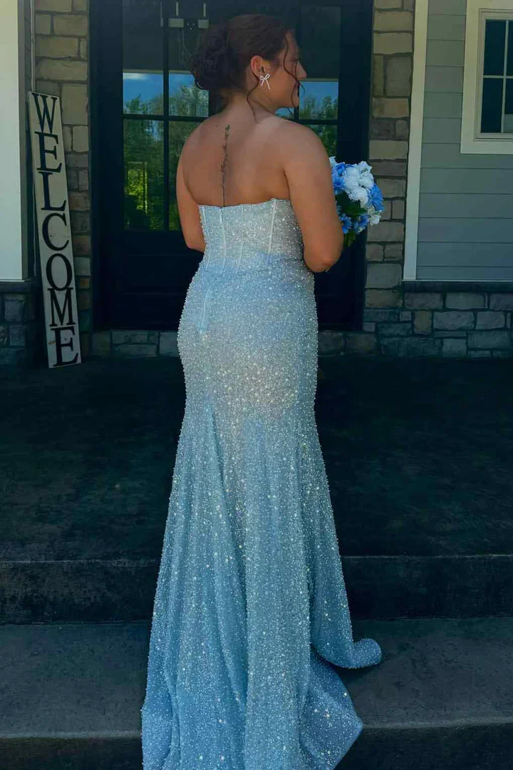 Elegant Blue Strapless Glitter Sweetheart Sleeveless Mermaid Prom Party Dress - Image 2