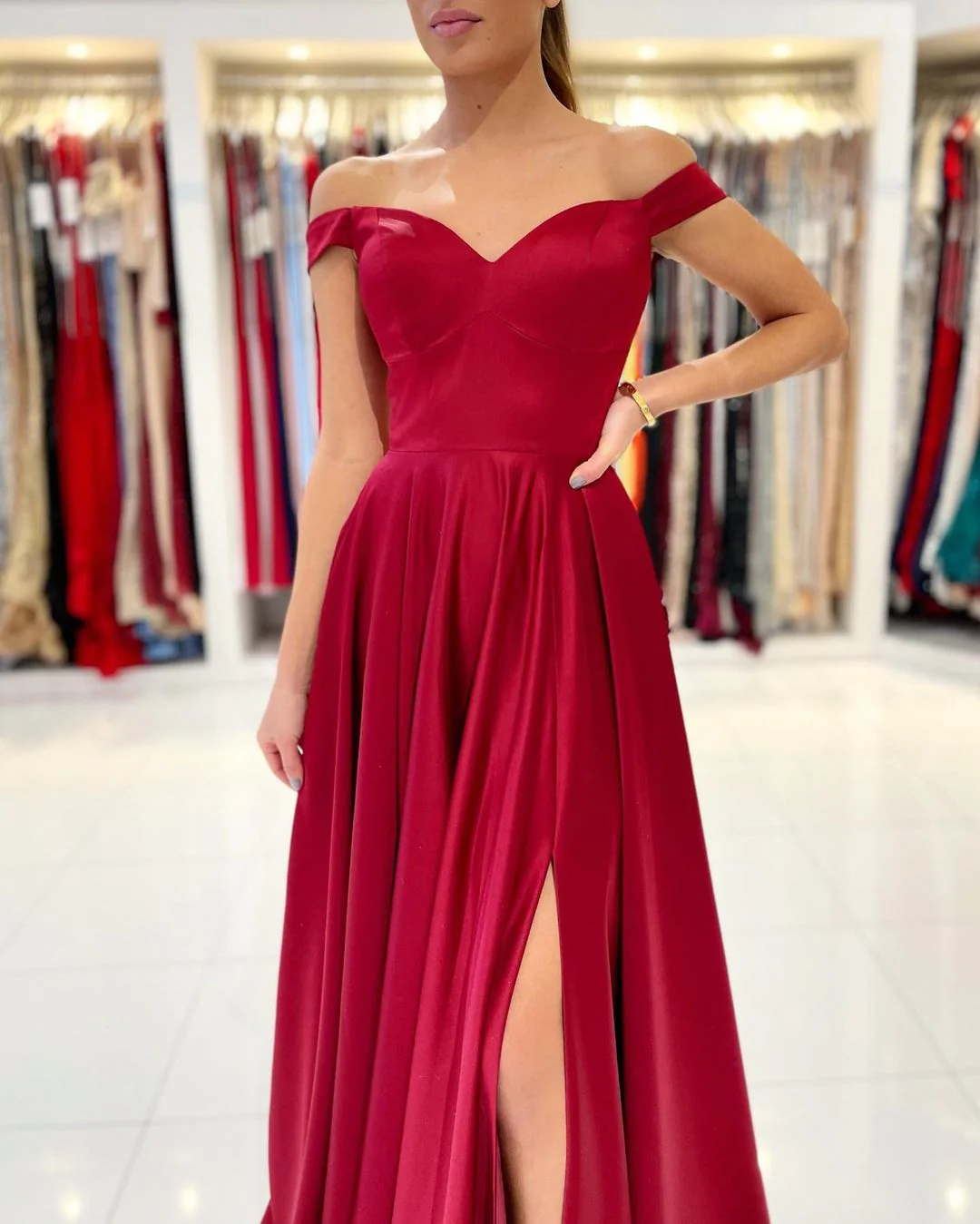Gorgeous Burgundy Prom Dress Long With Split Off-the-Shoulder - Image 3