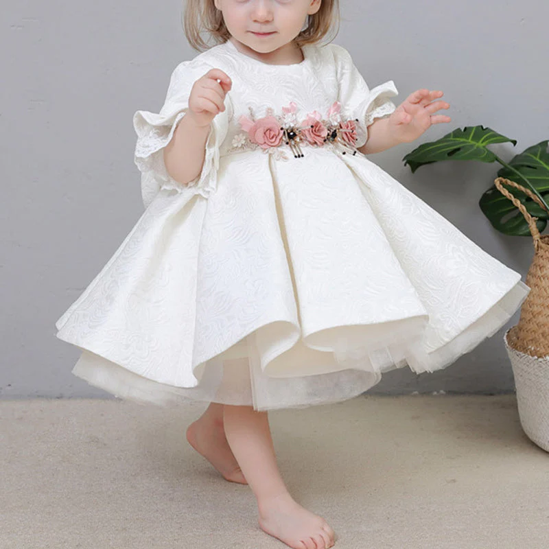 Flower Girl Dress Toddler Communion Formal White Bow Lace Baby Baptism Dress - Image 2