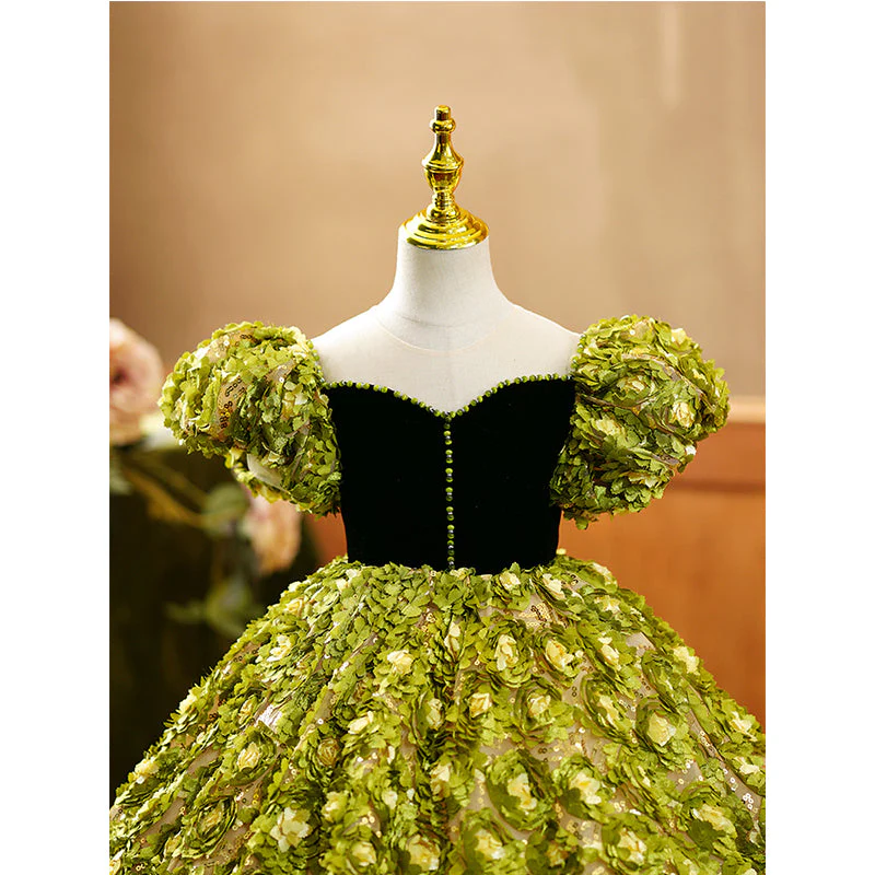 Flower Girl Dress Children Color Contrast Green Floral Puff Sleeve Trailing Princess Communion Dress - Image 4