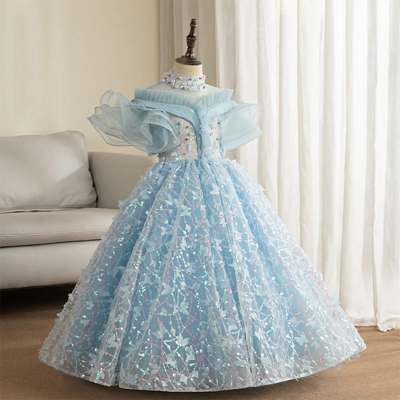 Baby Girl Dress Toddler Communion Sky Blue Fluffy Birthday Party Pageant Dress - Image 3