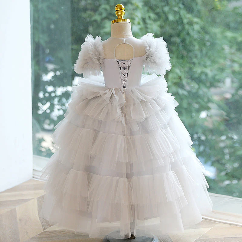 Girl First Communion Dress Children Princess Summer Gray Fluffy Cake Party Dress - Image 4