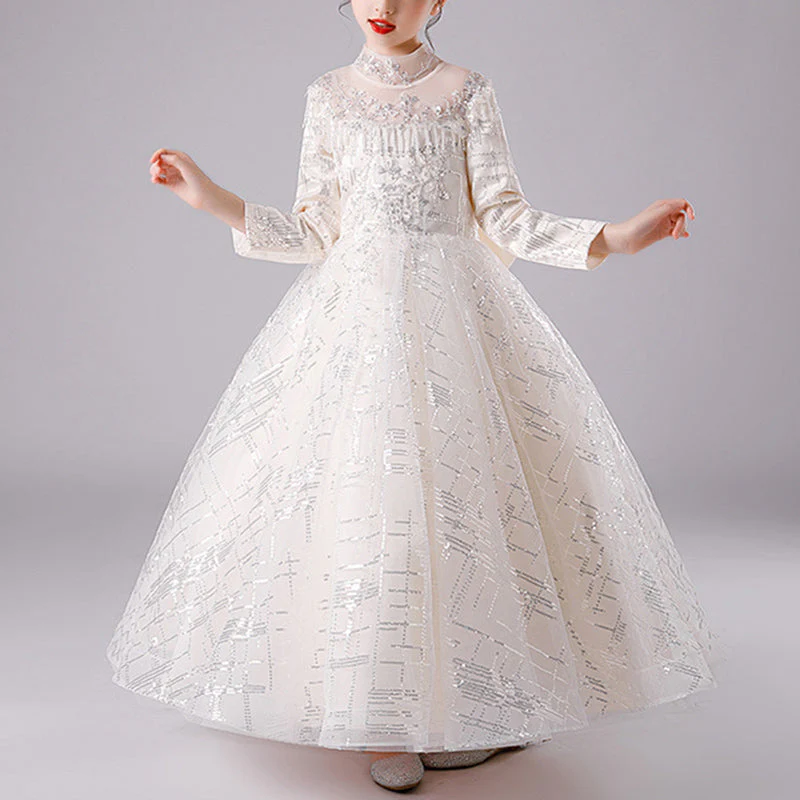 Toddler First Communion Dress Girl Elegant Long Sleeve Bow Knot Fluffy Princess Cake Pageant Dress - Image 4