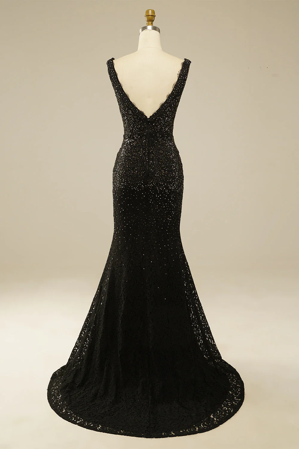 Elegant Glitter Rhinestone Black Lace Long Prom Dress - Image 5