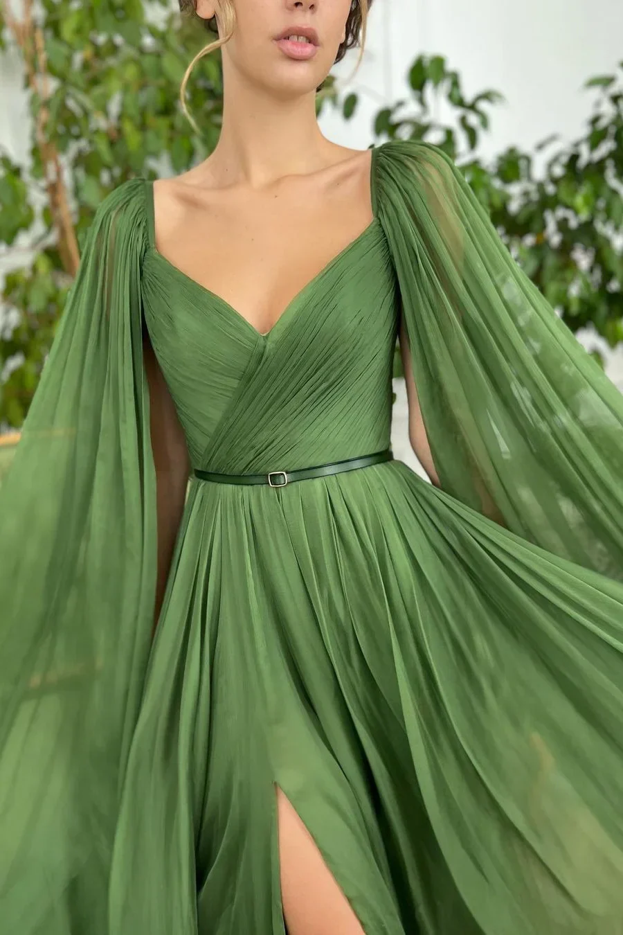 Elegant Green Long Sleeves Formal Belt Ruched Prom Dress Tulle With Split