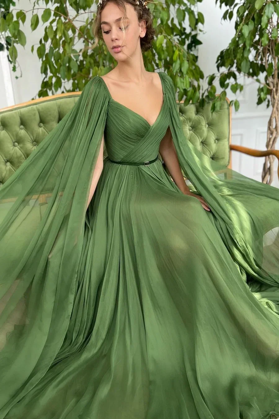 Elegant Green Long Sleeves Formal Belt Ruched Prom Dress Tulle With Split - Image 2