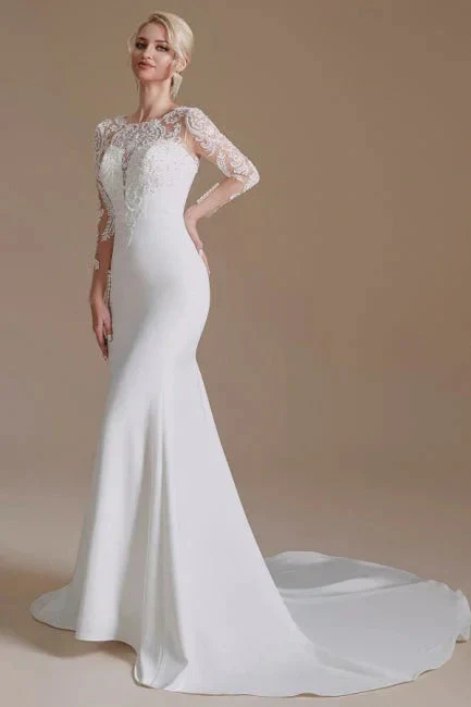 Elegant Jewel Long-Sleeve Mermaid Floor-Length Satin Wedding Dresses with Pattern - Image 2