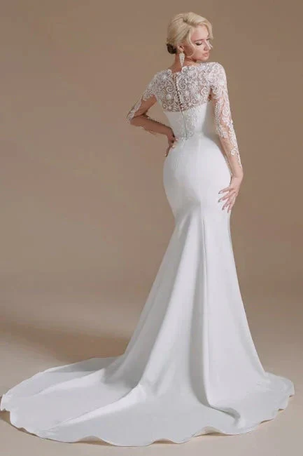 Elegant Jewel Long-Sleeve Mermaid Floor-Length Satin Wedding Dresses with Pattern - Image 3