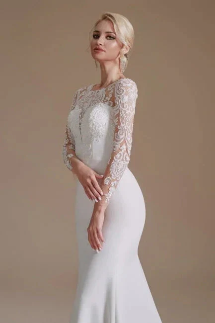 Elegant Jewel Long-Sleeve Mermaid Floor-Length Satin Wedding Dresses with Pattern - Image 4