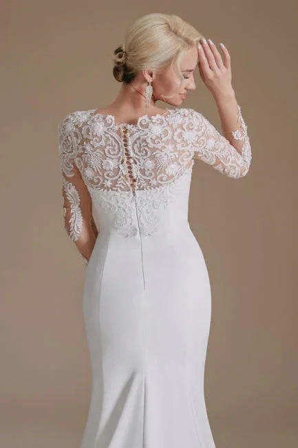 Elegant Jewel Long-Sleeve Mermaid Floor-Length Satin Wedding Dresses with Pattern - Image 5