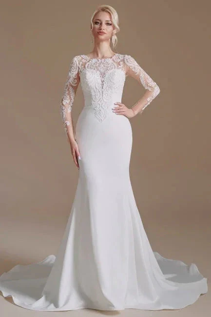 Elegant Jewel Long-Sleeve Mermaid Floor-Length Satin Wedding Dresses with Pattern - Image 8