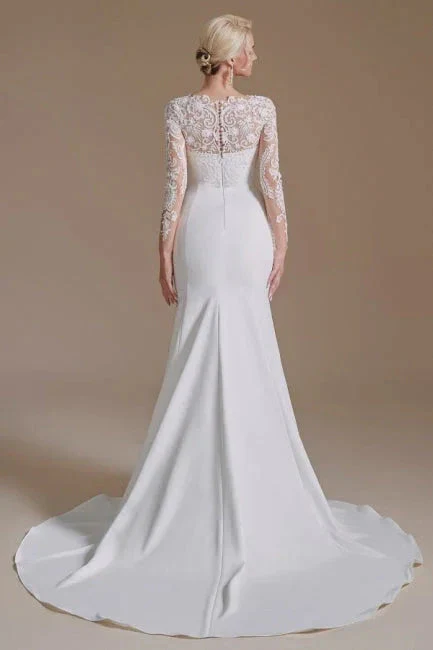 Elegant Jewel Long-Sleeve Mermaid Floor-Length Satin Wedding Dresses with Pattern - Image 9