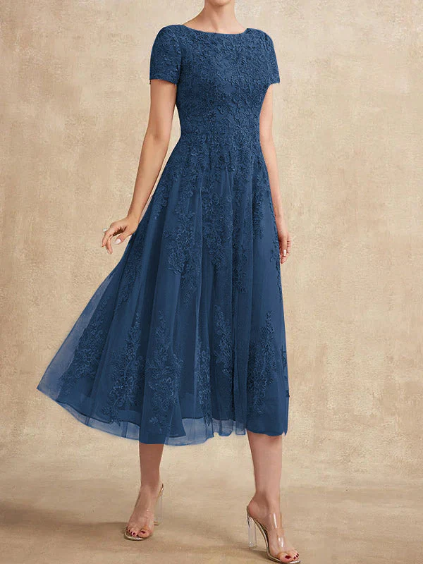 A-line Scoop Tea-Length Tulle Lace Mother of the Bride Dress - Image 26