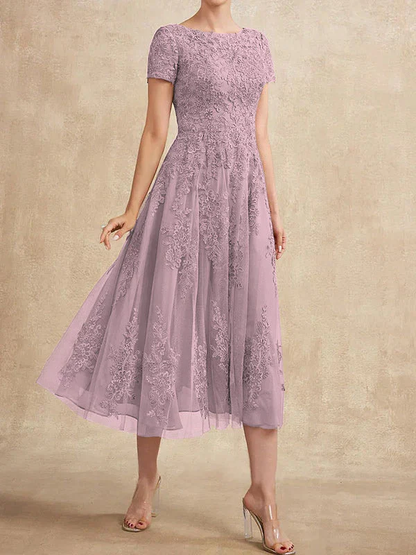 A-line Scoop Tea-Length Tulle Lace Mother of the Bride Dress - Image 29