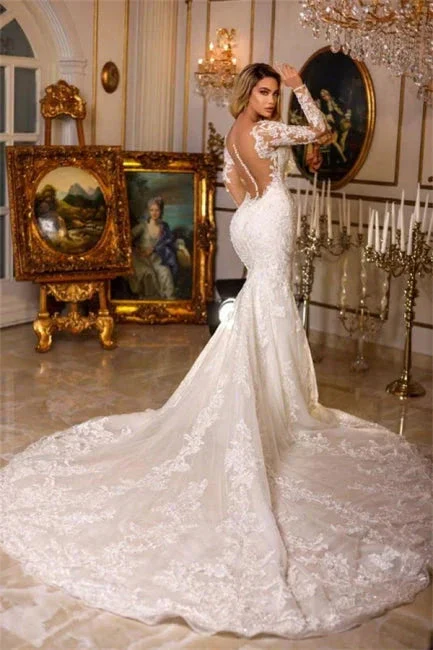 Elegant Long Mermaid V-neck Lace Wedding Dresses With Long Sleeves - Image 2
