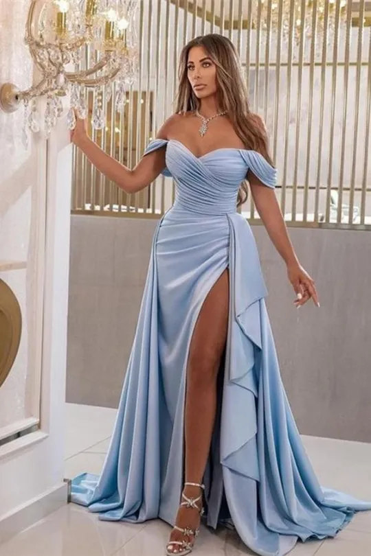 Elegant Long Off the Shoulder A-Line Sleeveless V-Neck Satin Prom Dresses with Slit