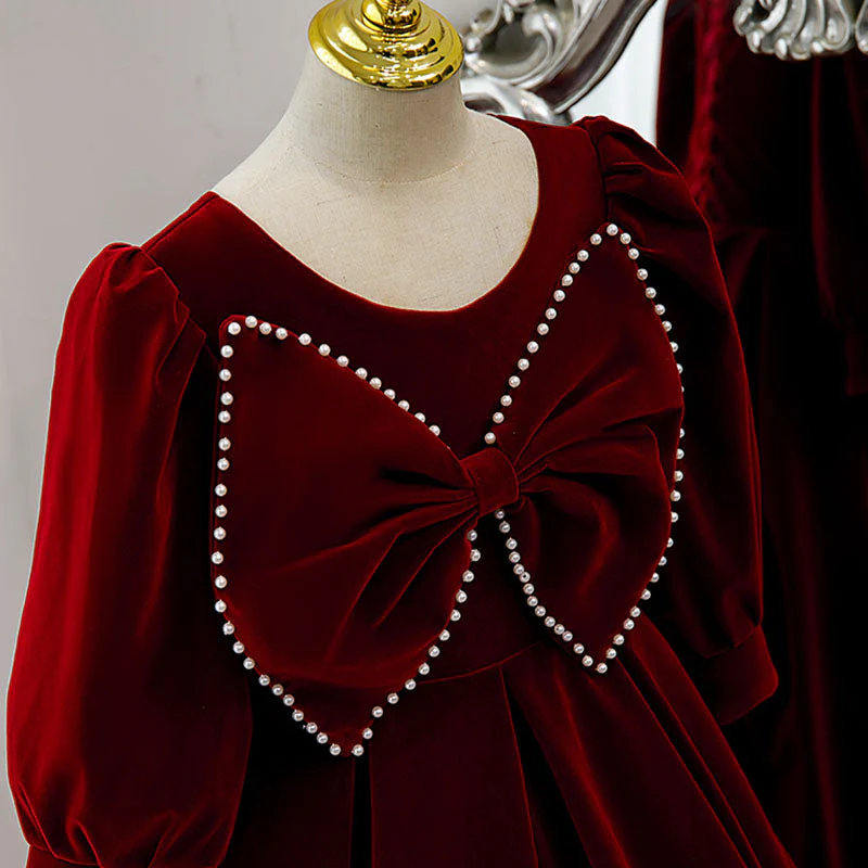 Flower Girl Dress Children Communion Elegant Red Velvet Bow Knot Long Sleeve Princess Dress - Image 6