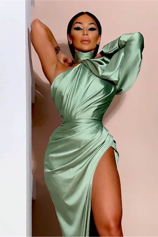 Gorgeous Puffy Prom Dress High Neck Party Dress With Split Long Sleeves - Image 2