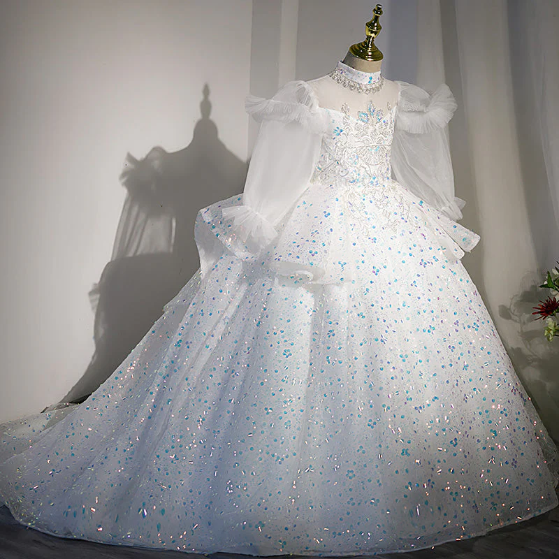Girl First Communion Dress Children Flower Birthday Party White Sequin Trailing Pageant Dress - Image 2
